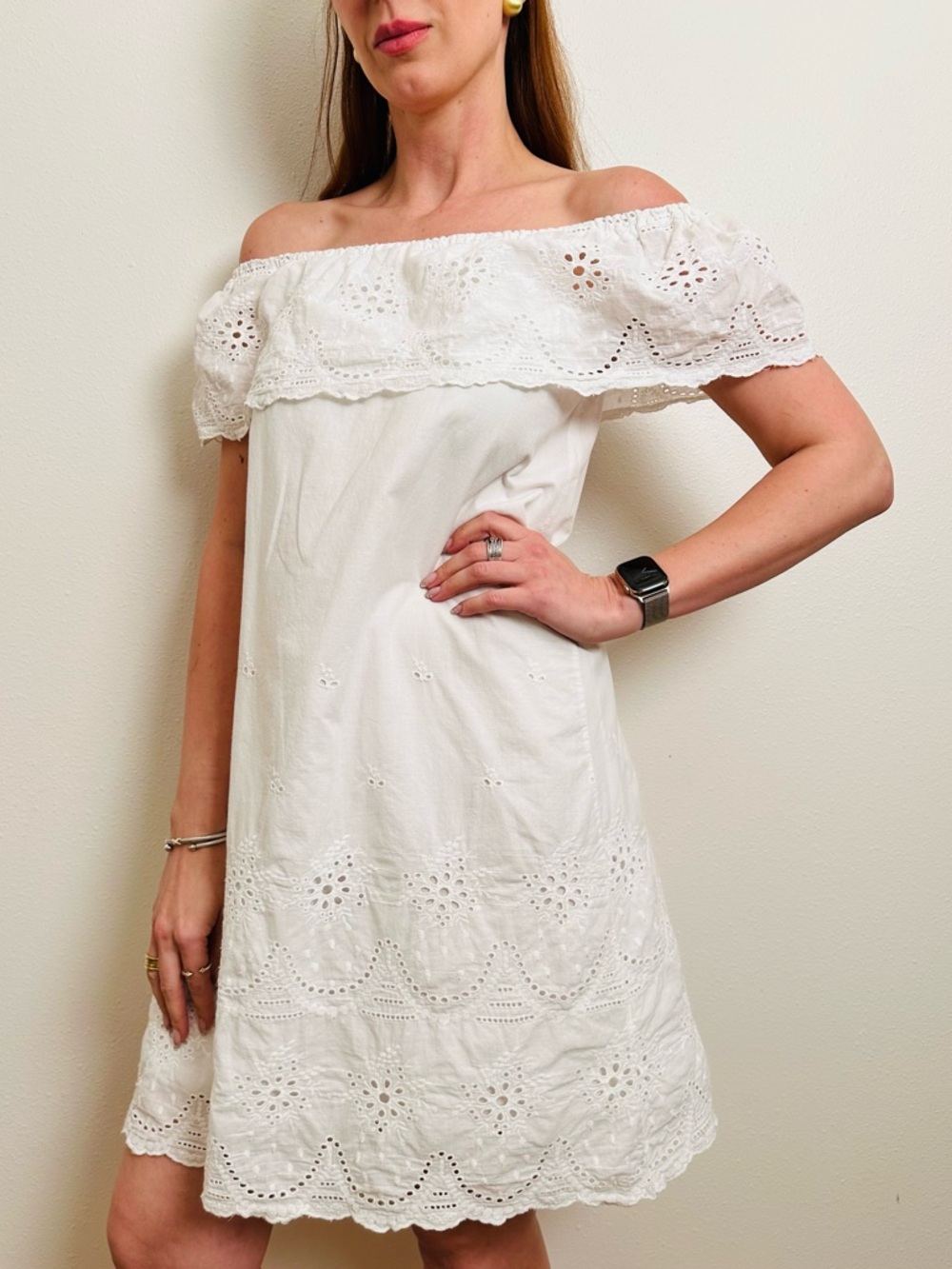 Highness White Eyelet Lace Cotton Dress Off the Shoulder Boho Cottagecore Summer